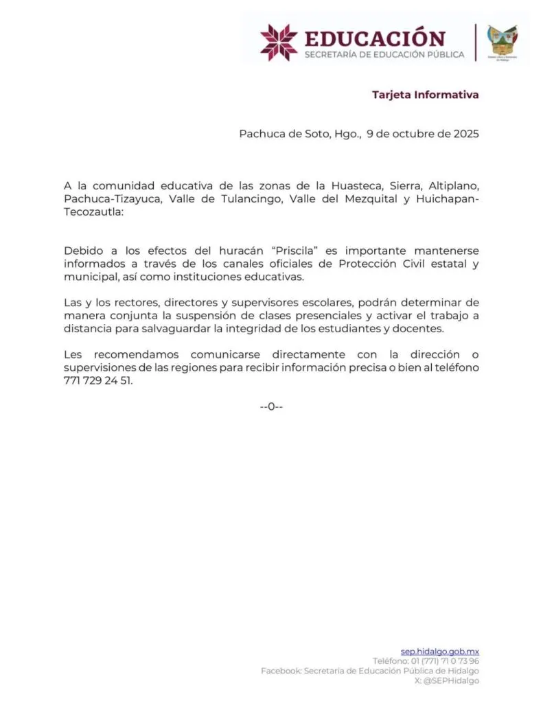 Lluvias en Hidalgo: escuelas podrían suspender clases por efectos del huracán Priscila