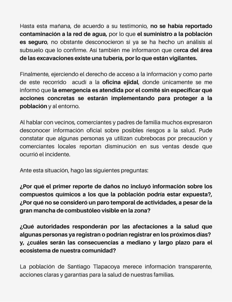 Habitante de Santiago Tlapacoya difunde comunicado tras fuga de combustible