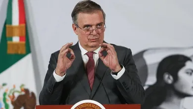 El secretario de Economía, Marcelo Ebrard, durante la conferencia donde habló sobre el futuro del T-MEC.