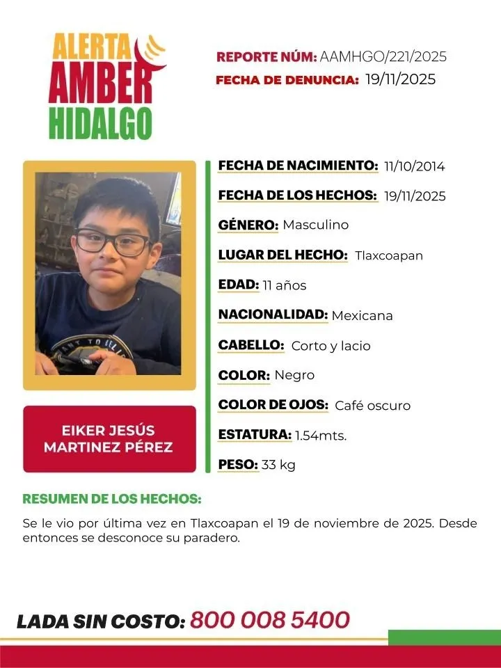 Activan alerta amber para localizar a Eiker Jesús Martínez Pérez, menor extraviado en Tlaxcoapan