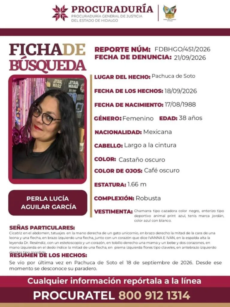 Emiten ficha de búsqueda en favor de Perla Lucia Aguilar; desapareció en Pachuca
