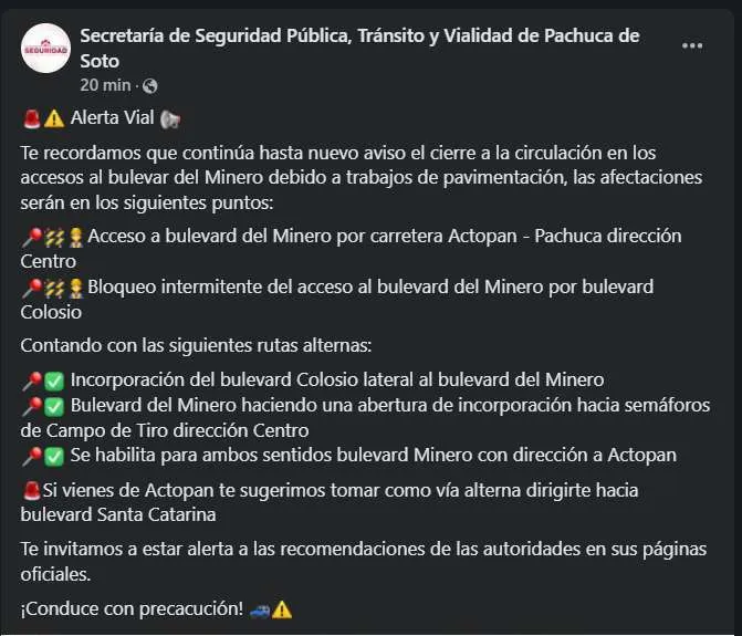 Continúan los cierres en el bulevar Minero por pavimentación