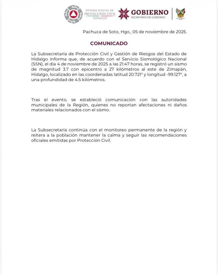 Sismo sacude Hidalgo la noche del 4 de noviembre; sin daños reportados