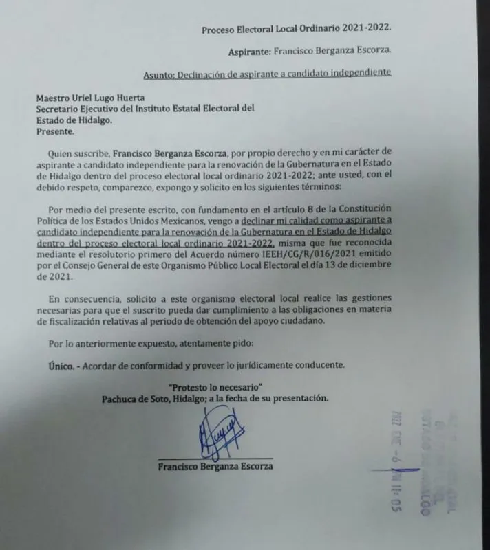 Francisco Xavier declina a la candidatura independiente a gobernador de Hidalgo