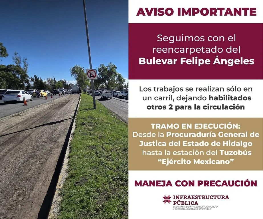 Tráfico pesado continuará en Pachuca por obras en el bulevar Felipe Ángeles