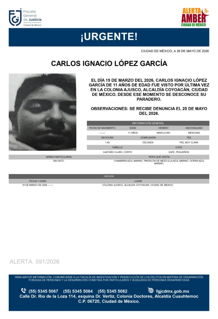 Alerta Amber: Se busca a Carlos Ignacio López García de 11 años, desapareció en Coyoacán, CDMX