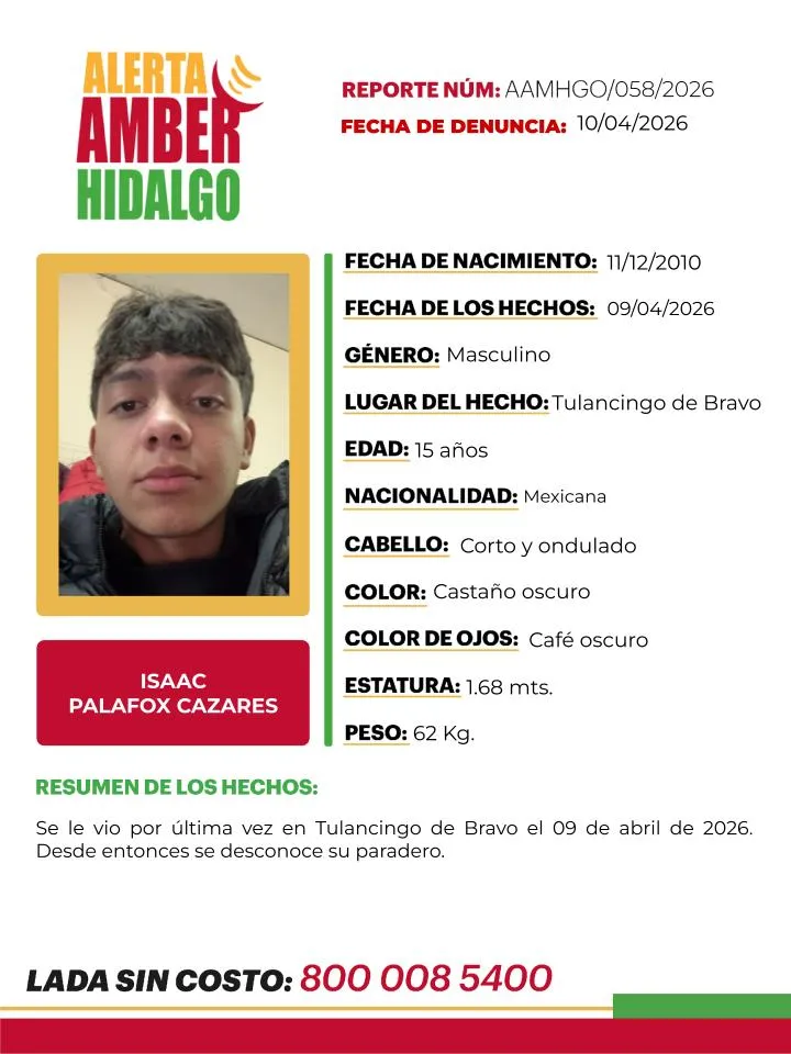 Alerta Amber: Se busca a Isaac Palafox Cazares de 15 años, desapareció en Tulancingo