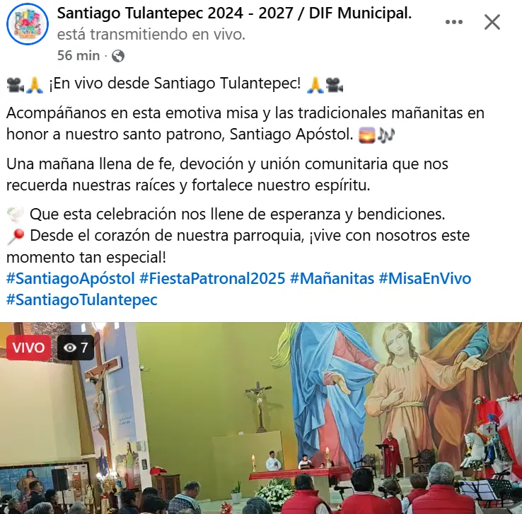 ¿Laicidad ignorada? Santiago Tulantepec transmite misa desde sus redes oficiales y genera críticas