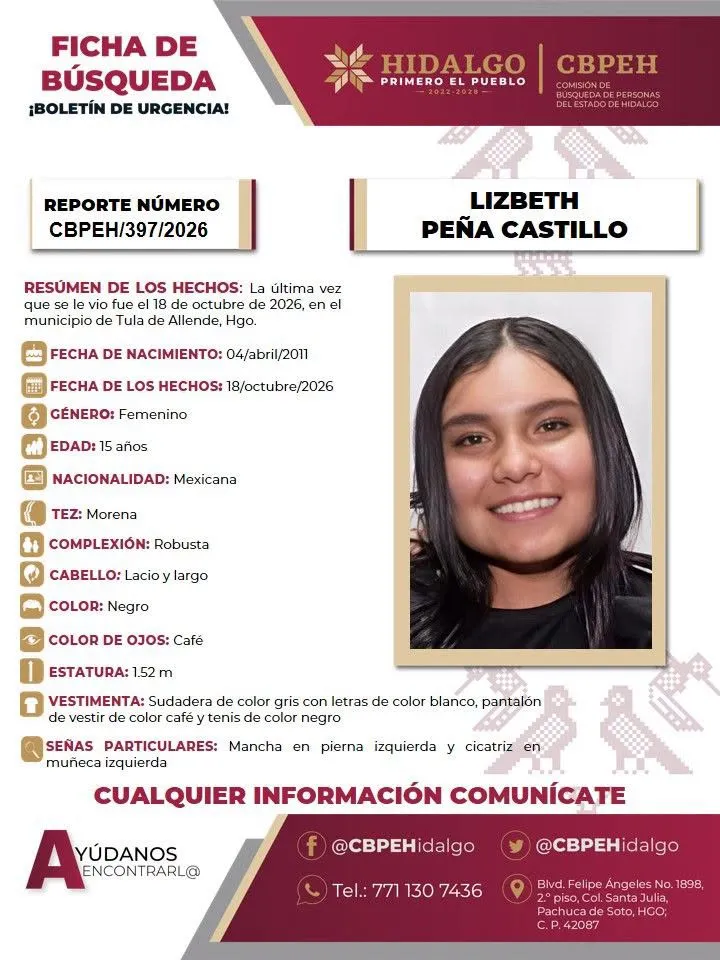 Buscan en Tula de Allende a Lizbeth Peña Castillo, adolescente de 15 años desaparecida el 18 de octubre