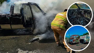 Camioneta incendiada en la Pachuca–Huejutla.