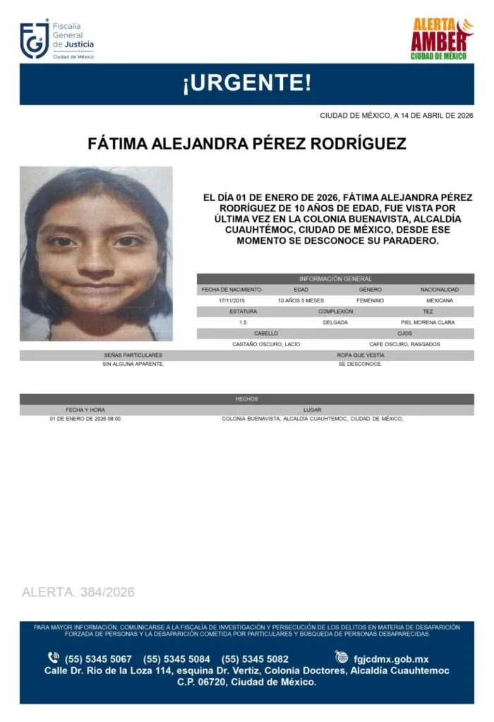 Alerta Amber: Se busca a Fátima Alejandra Pérez Rodríguez, desapareció en la Cuauhtémoc, CDMX
