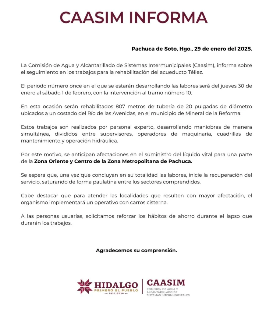 Caasim anuncia afectaciones en el suministro de agua en Pachuca y Mineral de la Reforma