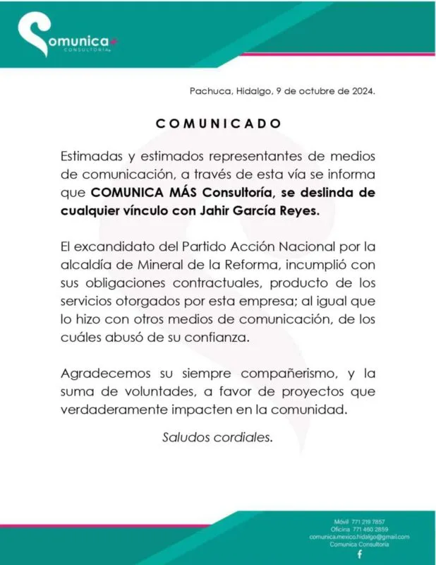 Consultoría se deslinda de Jahir García Reyes por incumplimiento contractual