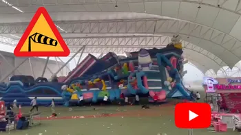 El brincolín con niños en Torreón fue afectado por fuertes ráfagas de viento durante una tormenta registrada en el Centro de Convenciones.