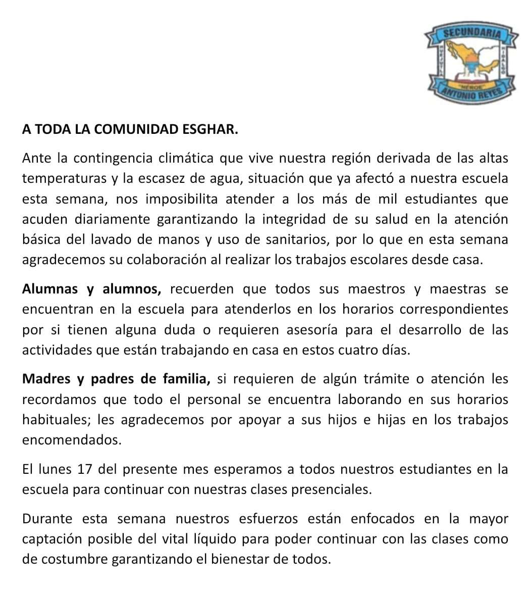 Comunicado de la Secundaria General "Héroe Antonio Reyes"